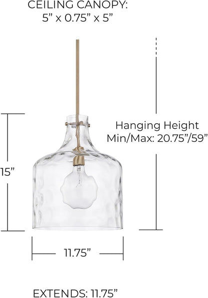 HomePlace Lighting 325717AD Crawford Urban/Industrial Clear Water Glass Jar Pendant Light, 1-Light 100 Watt, 15" H x 12" W, Aged Brass