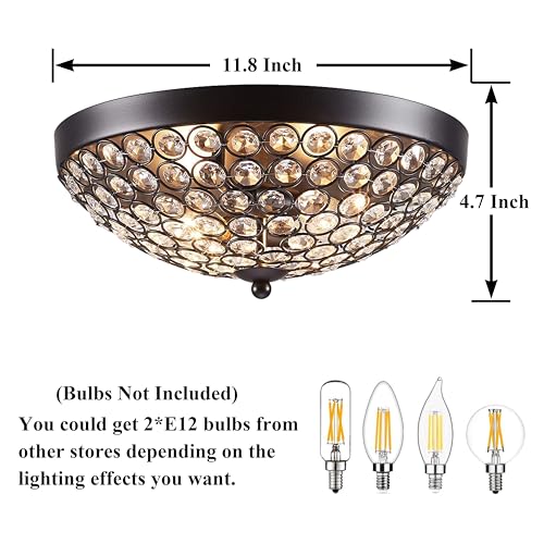 COTULIN Modern Elegant Black Crystal Ceiling Light - 2-Light Flush Mount Chandelier