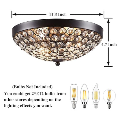 COTULIN Modern Elegant Black Crystal Ceiling Light - 2-Light Flush Mount Chandelier