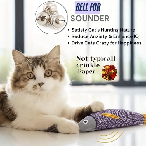 JMTSONS Cat Toys 4 Pack – 3 Catnip Fish Kicker Toys with Bell Sound and 1 Durable Rope Chew Toy for Indoor Cats &