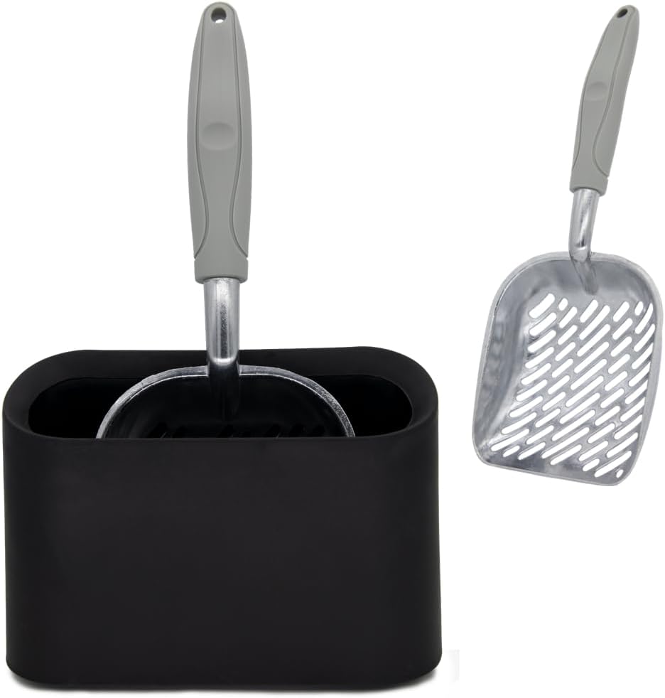 Vitisyao Metal Cat Litter Scoop with Holder, Aluminum Cats Litter Scooper Captures All Clumps, Heavy Duty Metal Kitty Scoopers with Holder, Cat Metal Scoop and Holder (Black)