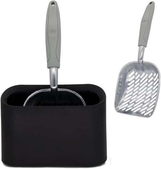 Vitisyao Metal Cat Litter Scoop with Holder, Aluminum Cats Litter Scooper Captures All Clumps, Heavy Duty Metal Kitty Scoopers with Holder, Cat Metal Scoop and Holder (Black)