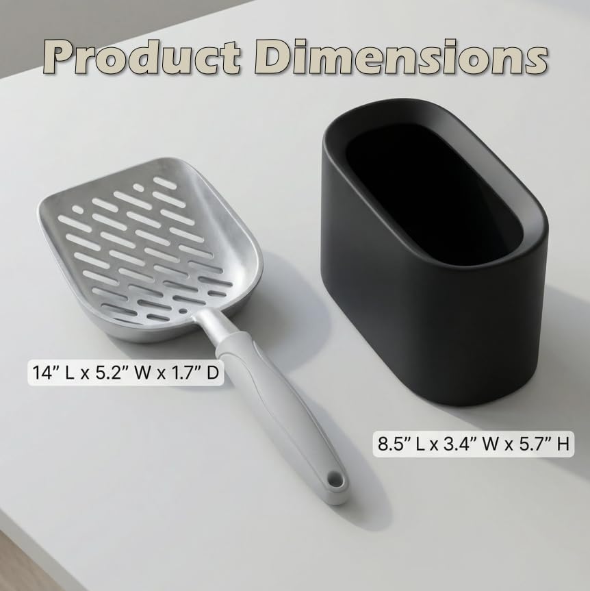 Vitisyao Metal Cat Litter Scoop with Holder Aluminum Cats Litter Scooper Captures All Clumps Heavy Duty Metal Kitty