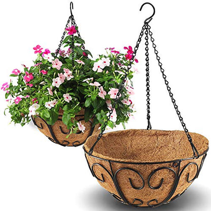 CABASAA 4 Pack Metal Hanging Planter Basket with Coco Coir Liner Chain Round Wire Plant Holder Flower Pots