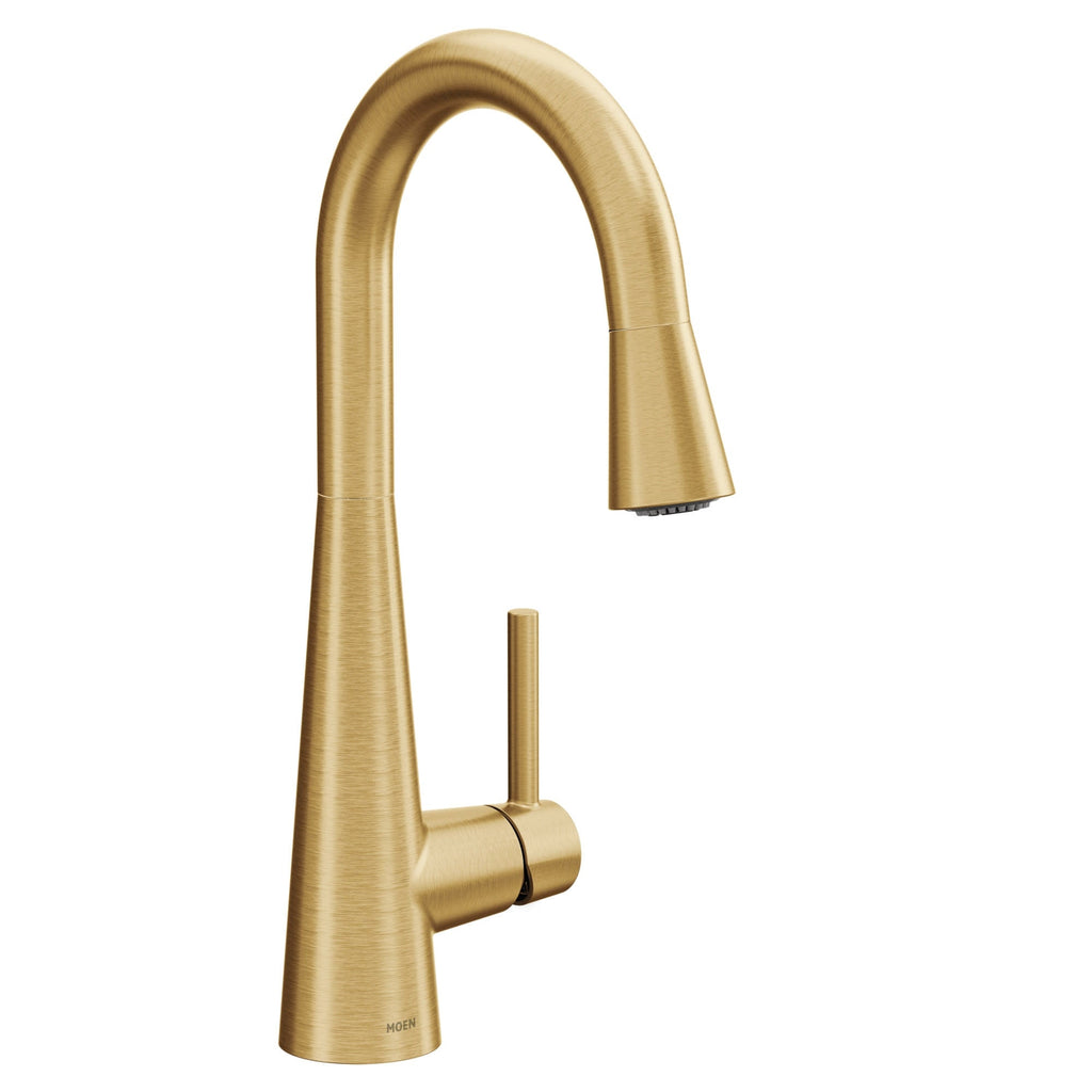 Used Moen Sleek Brushed Gold One-Handle High Arc Pulldown Modern Bar Faucet, 7664BG
