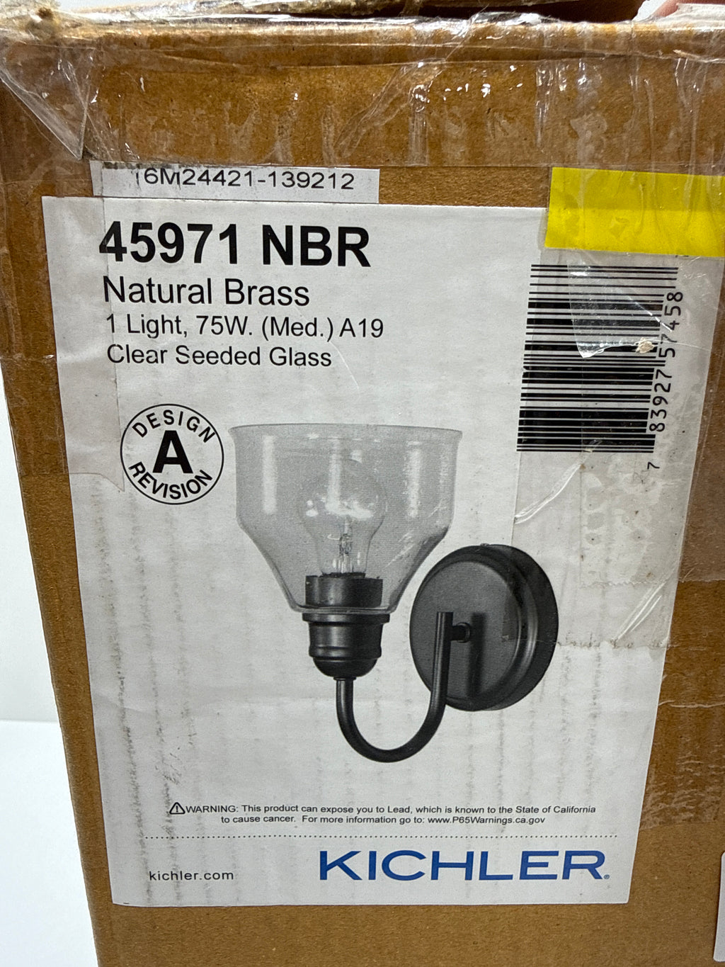 KICHLER Avery 5.5" Wall Sconce Industrial 1 Light Wall Fixture with Clear Seeded Glass in Natural Brass, Bathroom, Bedroom or Hallway (8.25" x 5.5" x 9.5") 45971NBR