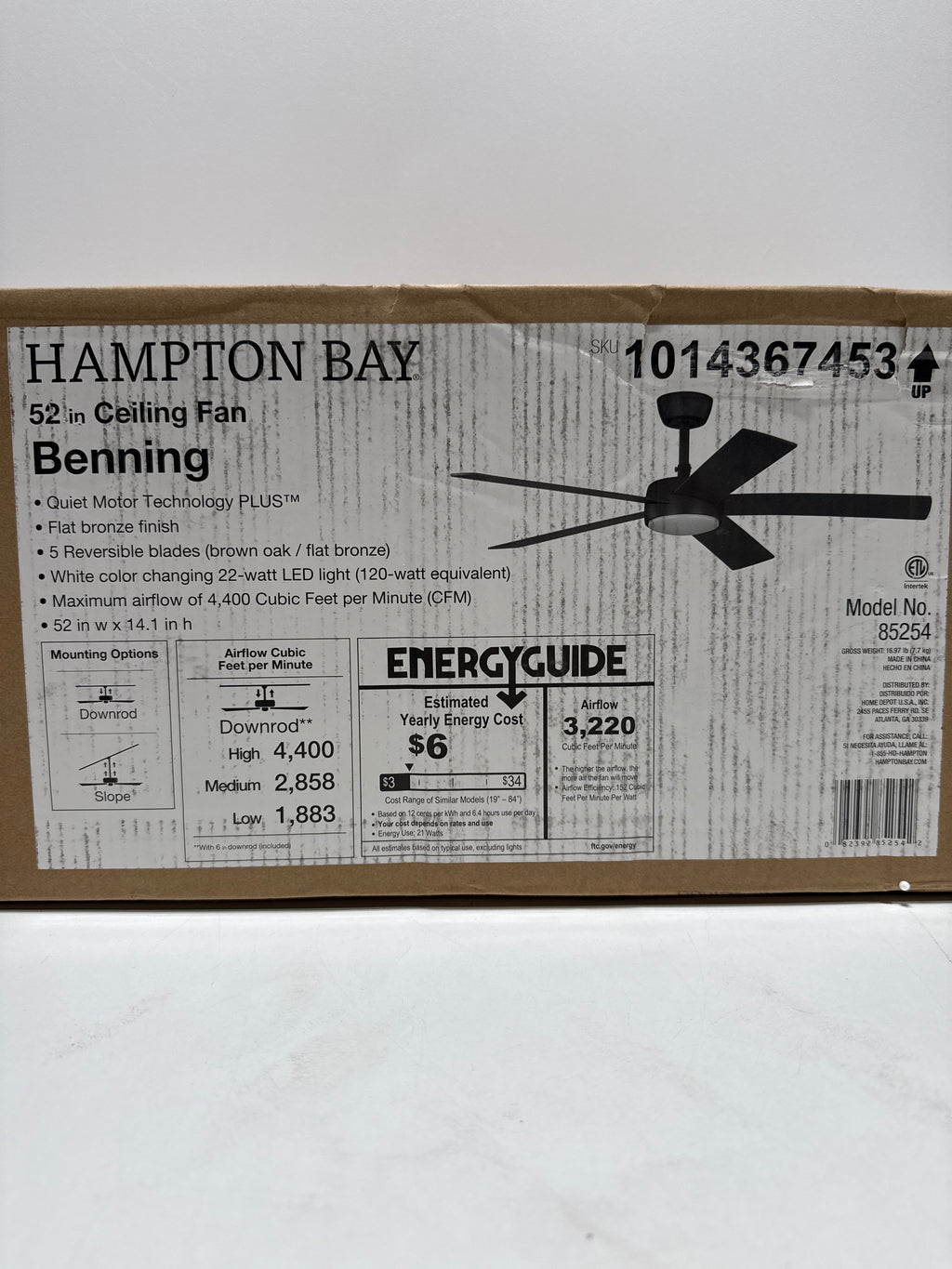 Benning 52 in. Flat Bronze Downrod Standard Ceiling Fan with White Adjustable LED Light, DC Motor, and Remote Control