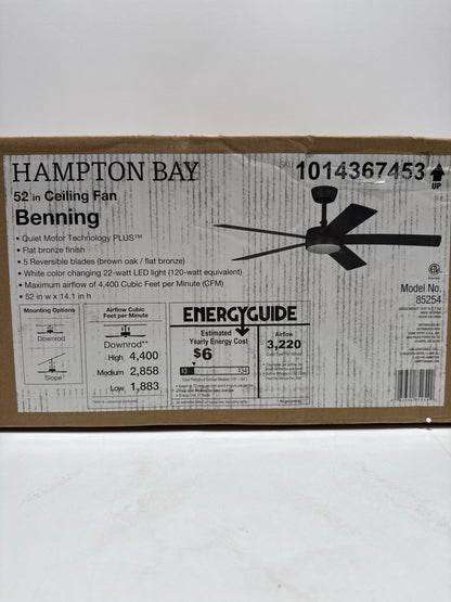 Benning 52 in. Flat Bronze Downrod Standard Ceiling Fan with White Adjustable LED Light, DC Motor, and Remote Control