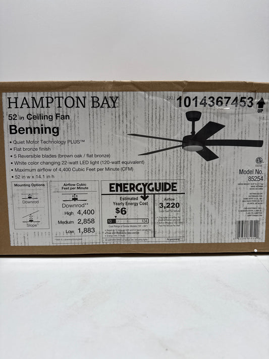 Benning 52 in. Flat Bronze Downrod Standard Ceiling Fan with White Adjustable LED Light, DC Motor, and Remote Control