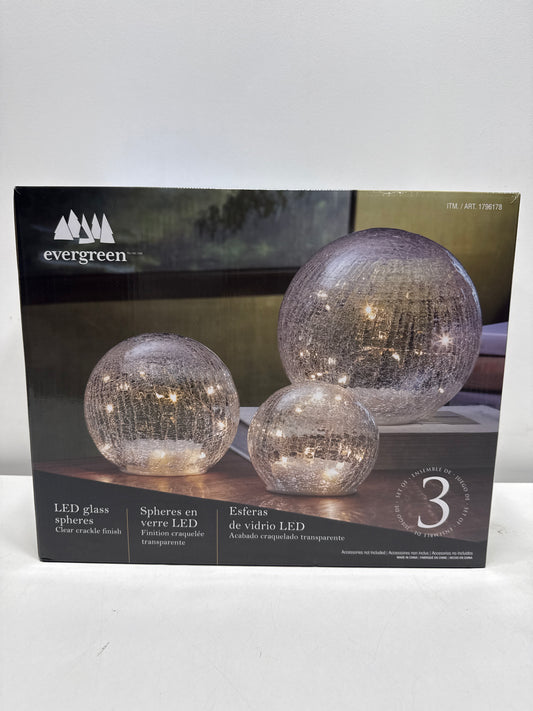 Evergreen LED Glass Spheres Set of 3, Assorted Designs