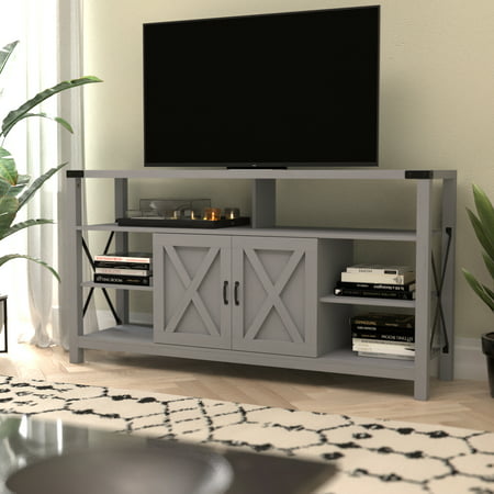 Flash Furniture Wyatt 60" Modern Farmhouse Tall TV Stand - Coastal Gray Console Cabinet - Adjustable Middle Shelf - Fixed Shelves - For TV's up to 60"