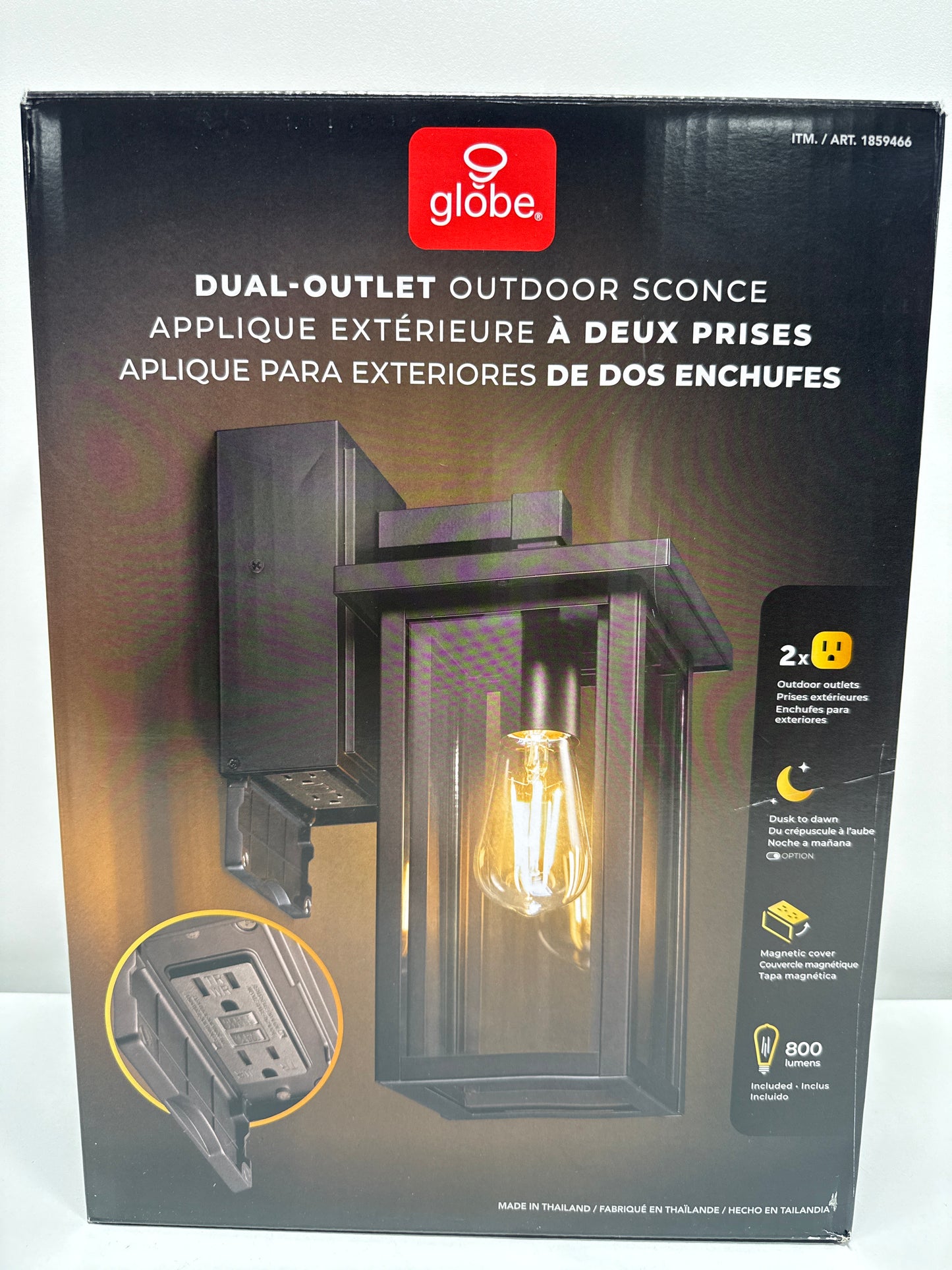 Globe Electric Dual-Outlet Outdoor Wall Sconce, Black, Dusk to Dawn Photocell, Dual GFCI Outlets, Magnetic Cover, 800 Lumens, LED Bulb Included