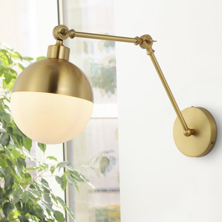 JONATHAN Y 12.5" Brass Gold 1-Light Iron and Glass Arm-Adjustable LED Sconce, Mid-Century Modern Art Deco Wall Lamp for Bedroom Living Room, LED Bulb Included JYL9931A