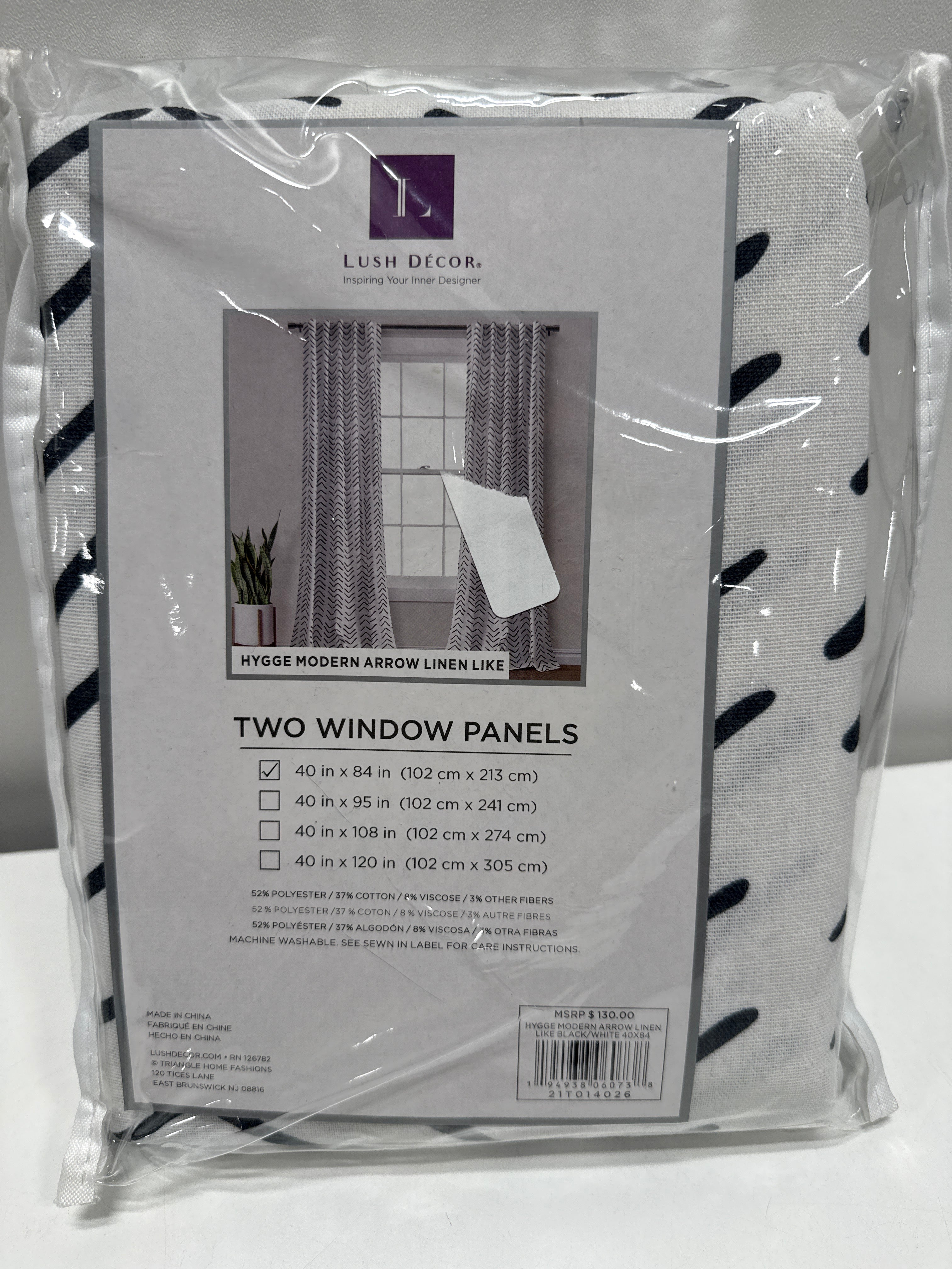 Hygge Modern Arrow 40 in. W X 84 in. L Linen Look Light Filtering Window Curtain Panels in Black/White 2 Set