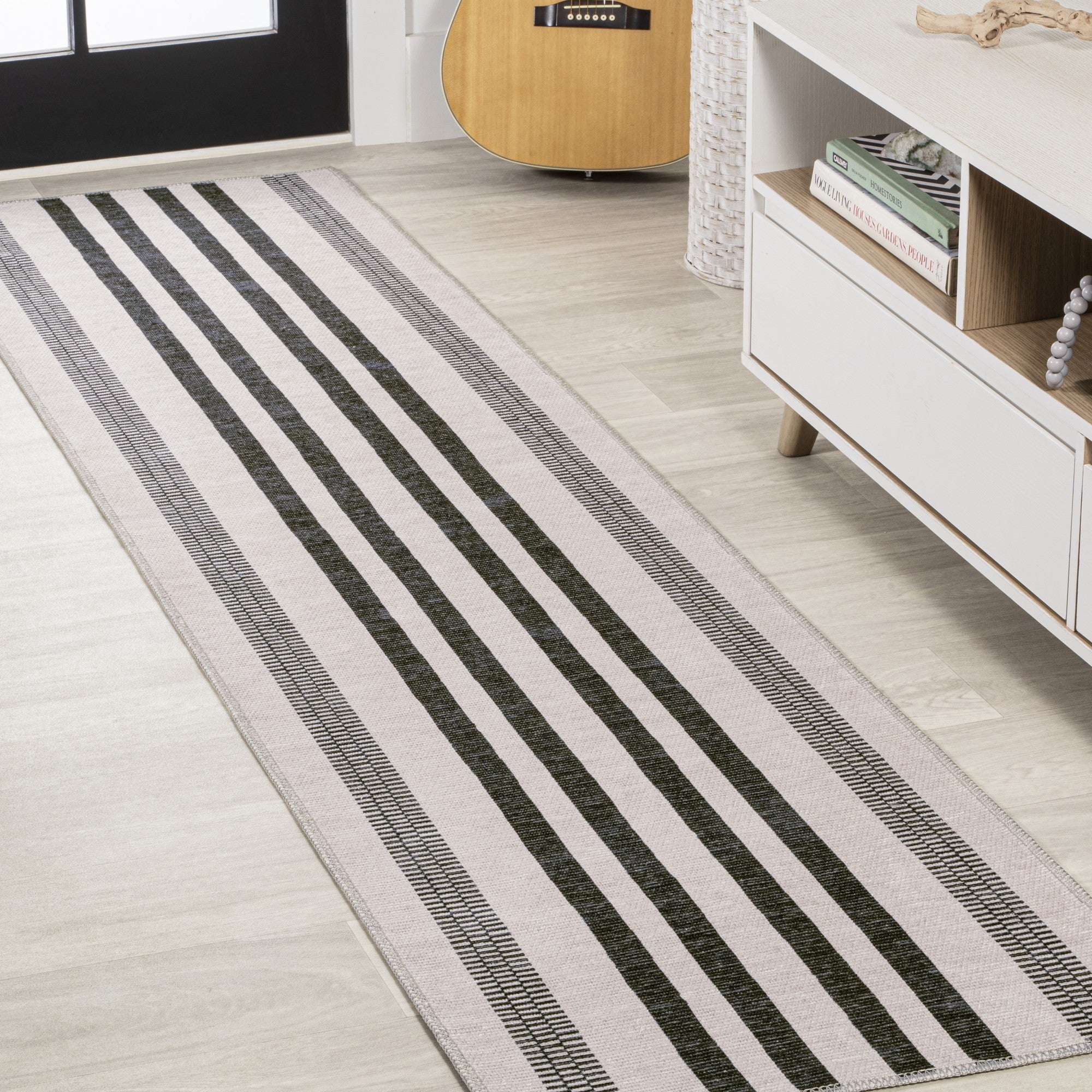 Vichy Geometric Striped Machine-Washable Black/Ivory Area Rug