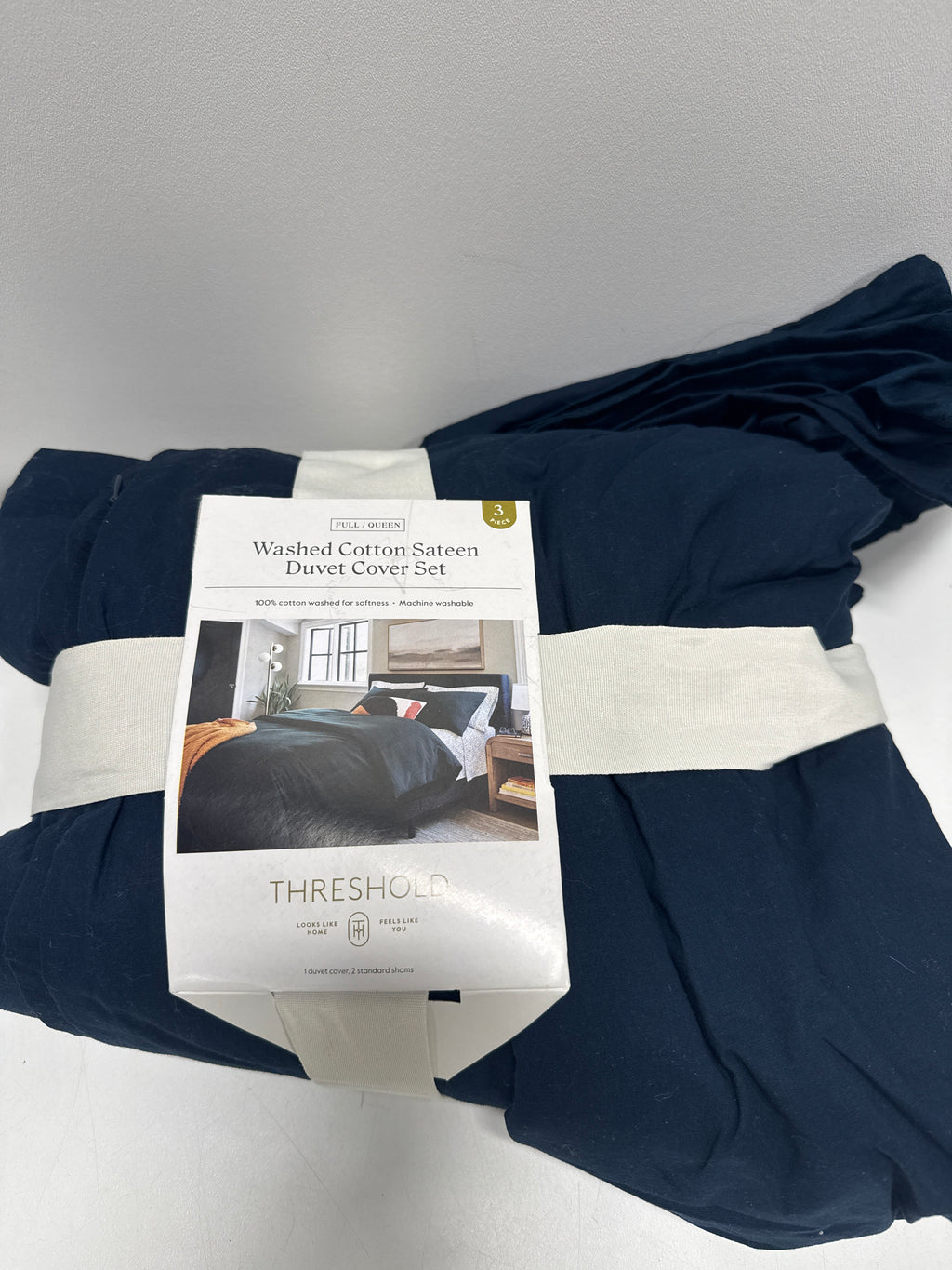 Full/Queen Washed Cotton Sateen Duvet Cover and Sham Set Dark Navy - Threshold™: 250 Thread Count OEKO-TEX Certified