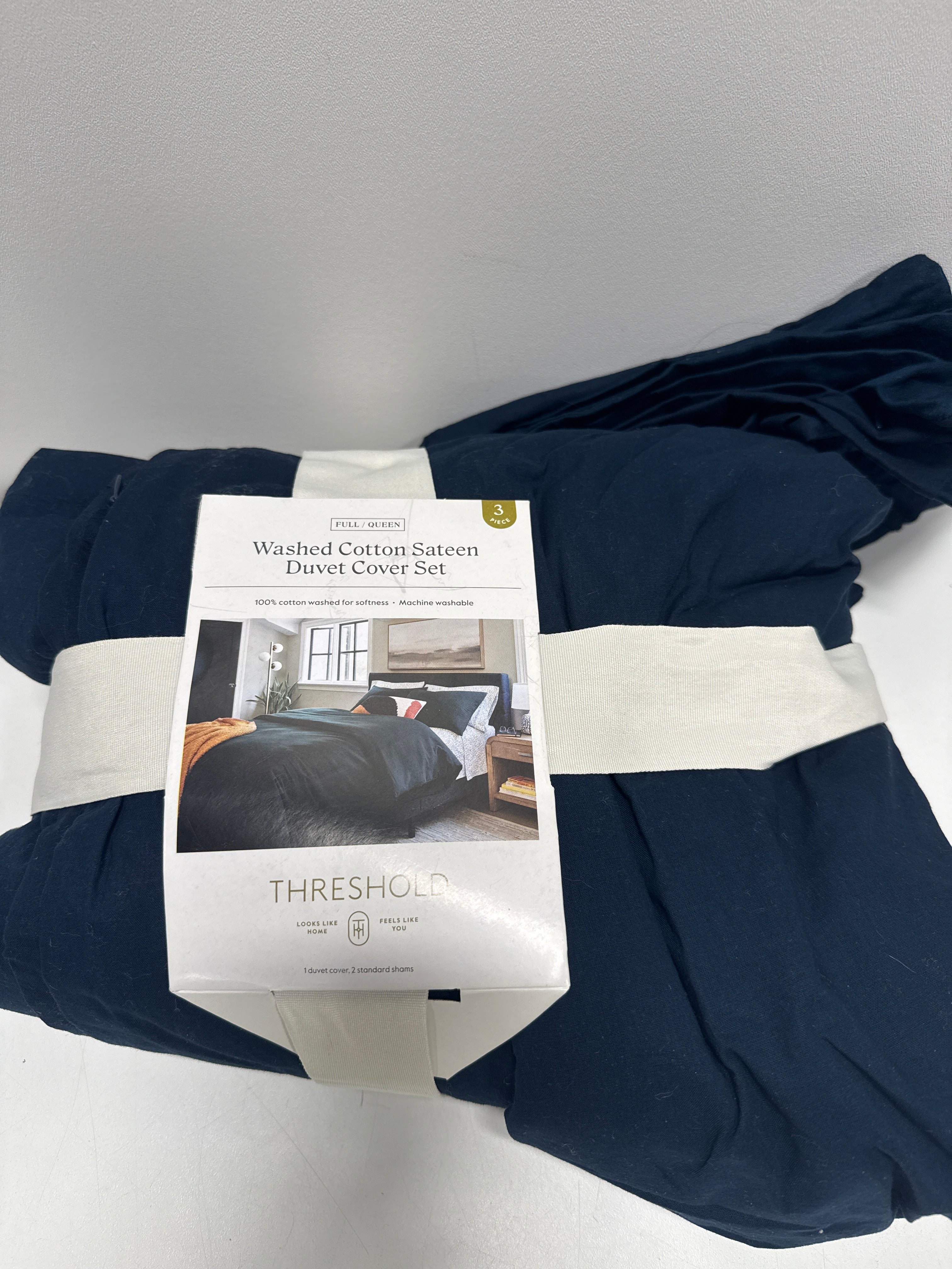 Full/Queen Washed Cotton Sateen Duvet Cover and Sham Set Dark Navy - Threshold™: 250 Thread Count OEKO-TEX Certified