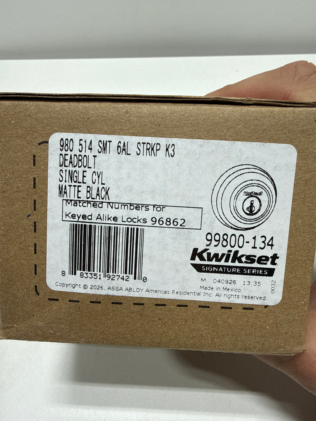 Kwikset 980-S.STRKP 980 Single Cylinder Keyed Entry Deadbolt with SmartKey Matte Black