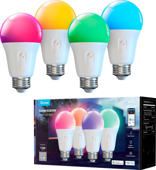 Govee A19 Wi-Fi 1200LM RGBWW LED Smart Light Bulb Wi-Fi & Bluetooth Light Bulbs Dimmable Color Changing 85W Equivalent Bulbs 4 Packs