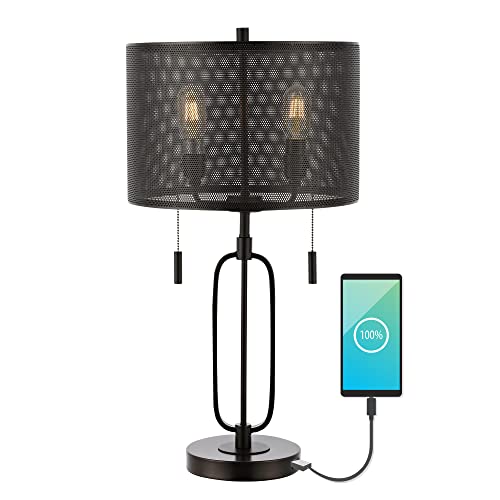 Hank 27 in. Oil Rubbed Bronze 2-Light Industrial Farmhouse Iron LED Table Lamp with USB Charging Port