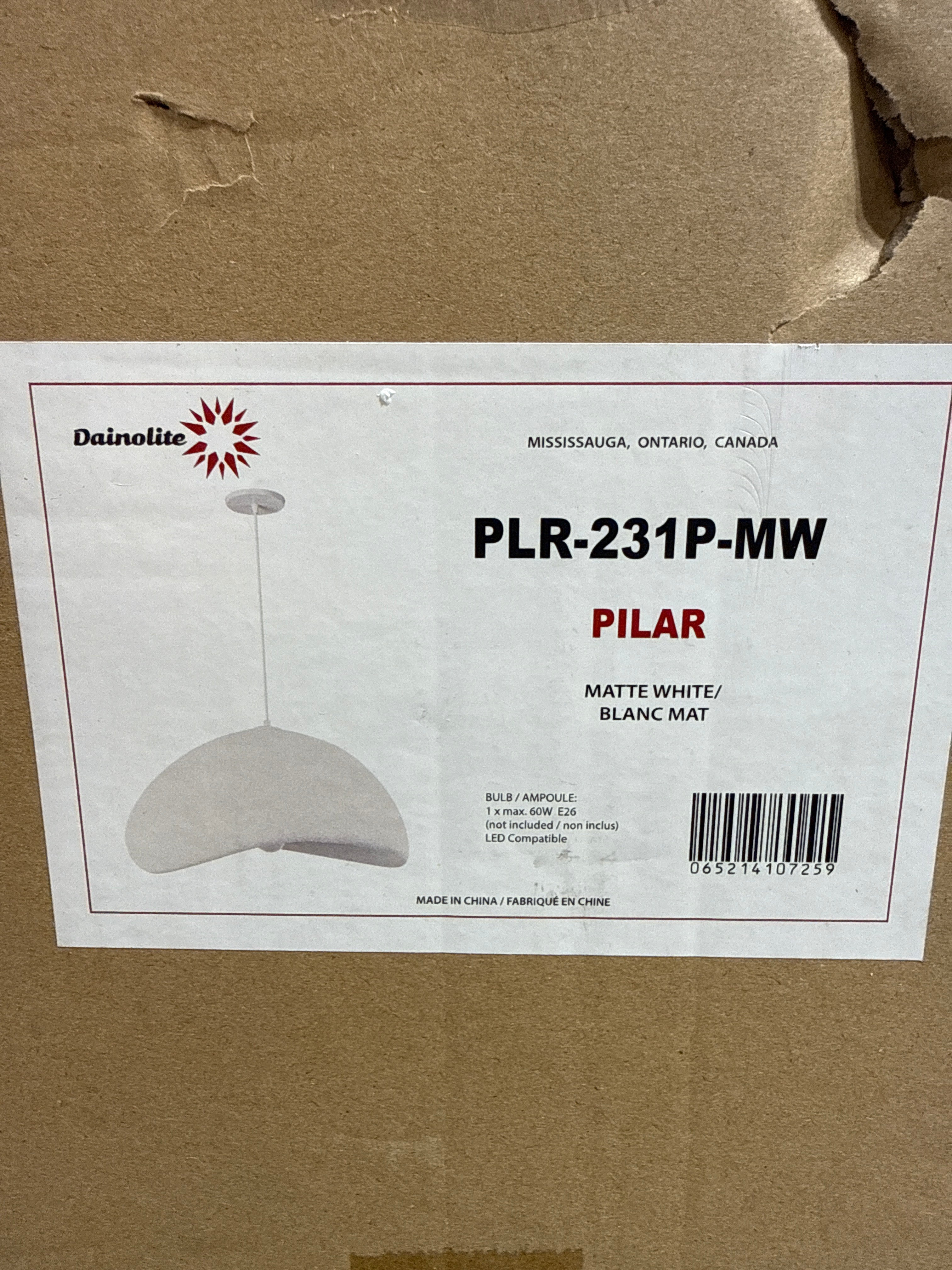 Dainolite Pilar 1 Light Pendant - 23.75" W - Matte White