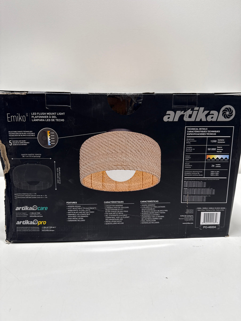 Emiko 15 in. 1 Light Black and Rattan 5CCT Integrated Selectable LED Flush Mount Ceiling Light