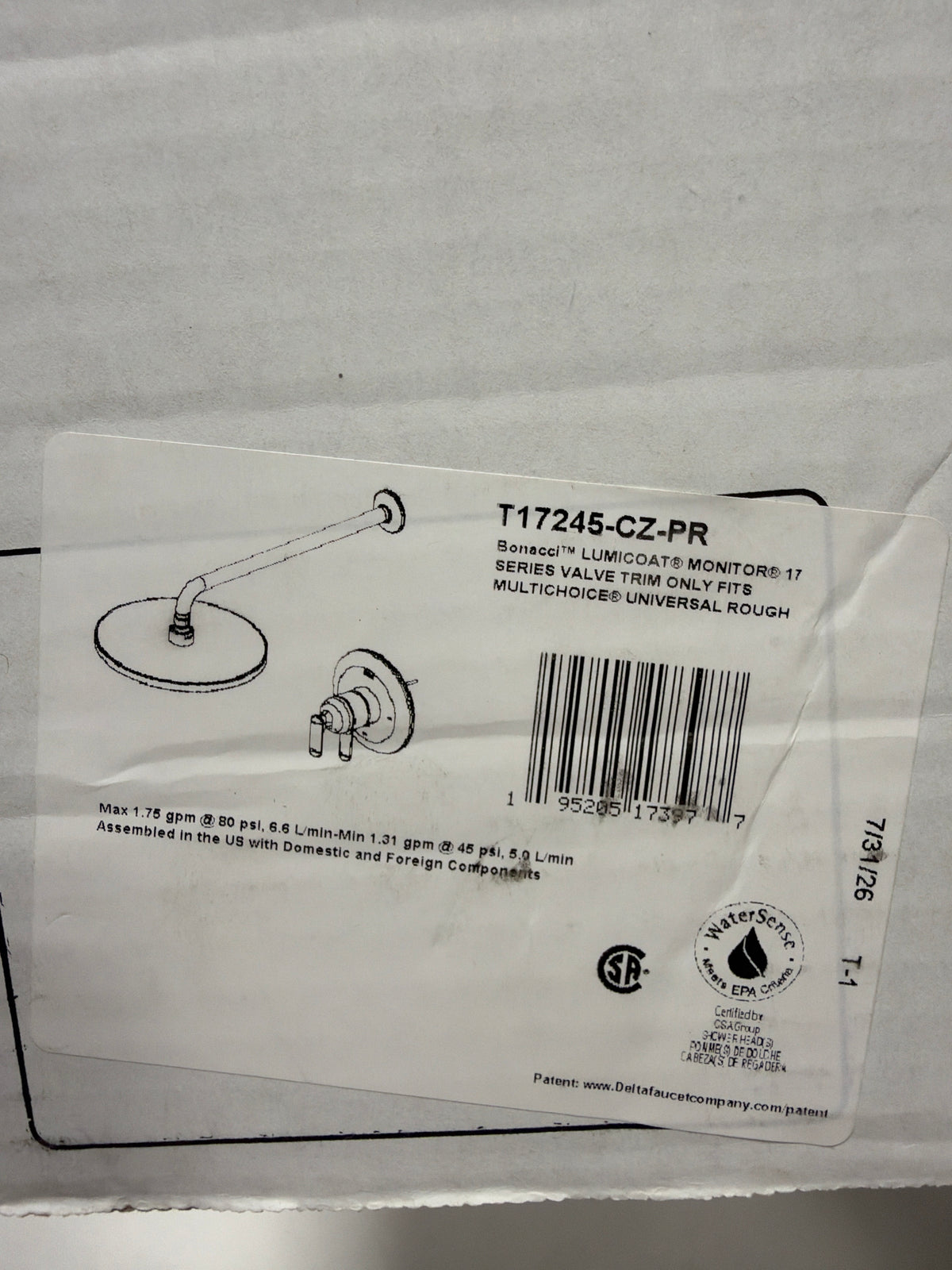 Delta T17245 Bonacci Shower Only Trim Package with 1.75 GPM Single Function Rain Shower Head - Less Rough in Lumicoat Champagne
