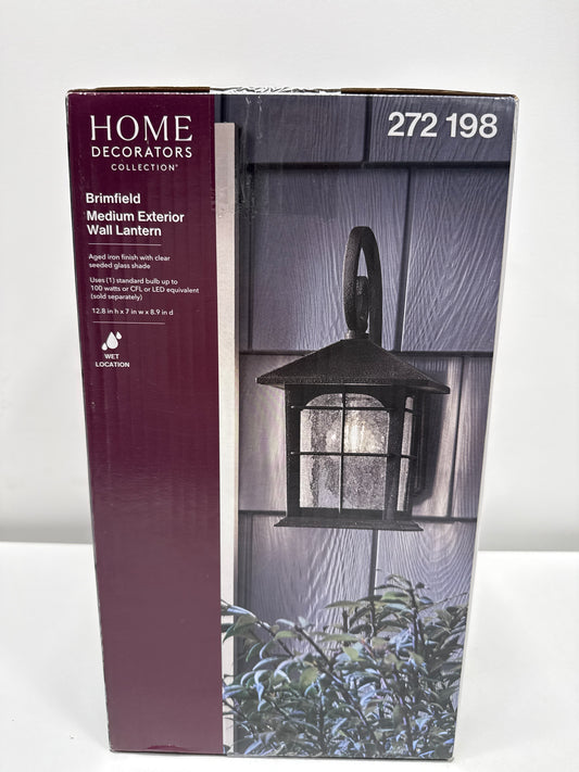 Brimfield Aged Iron 1-Light Line Voltage Hardwired Outdoor Porch Light Wall Lantern Sconce with No Bulb Included