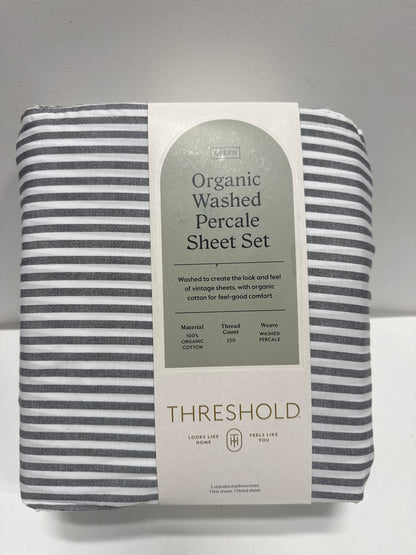Queen Organic Percale Sheet Set Charcoal/White Stripe - Threshold
