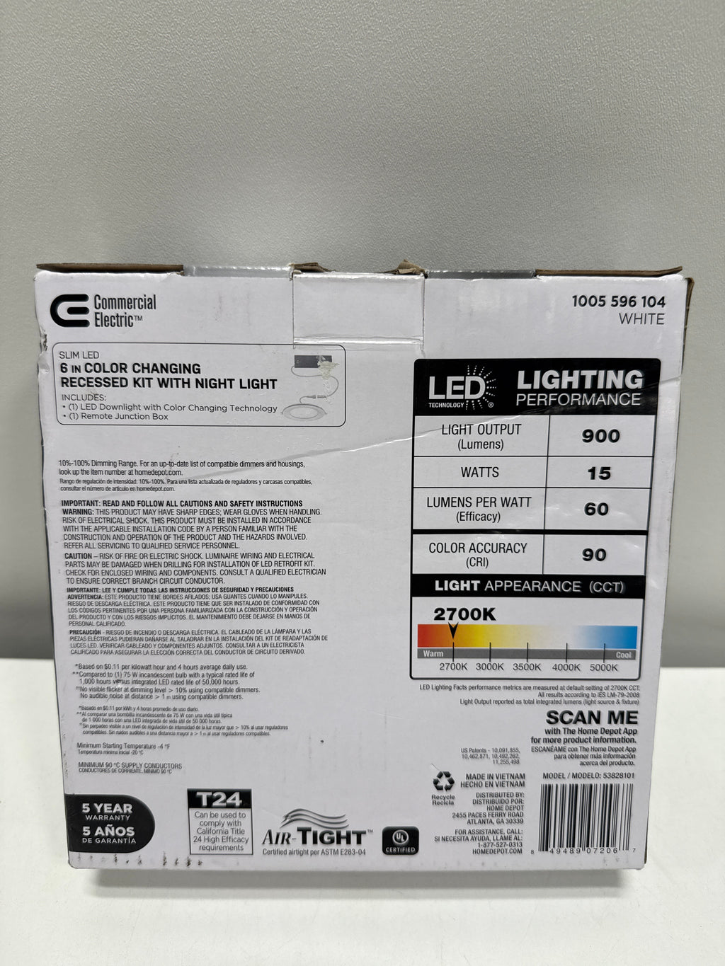 Commercial Electric 6 in. Canless Adjustable CCT Integrated LED Recessed Light Trim with Night Light 900 Lumens New Construction Remodel 53828101