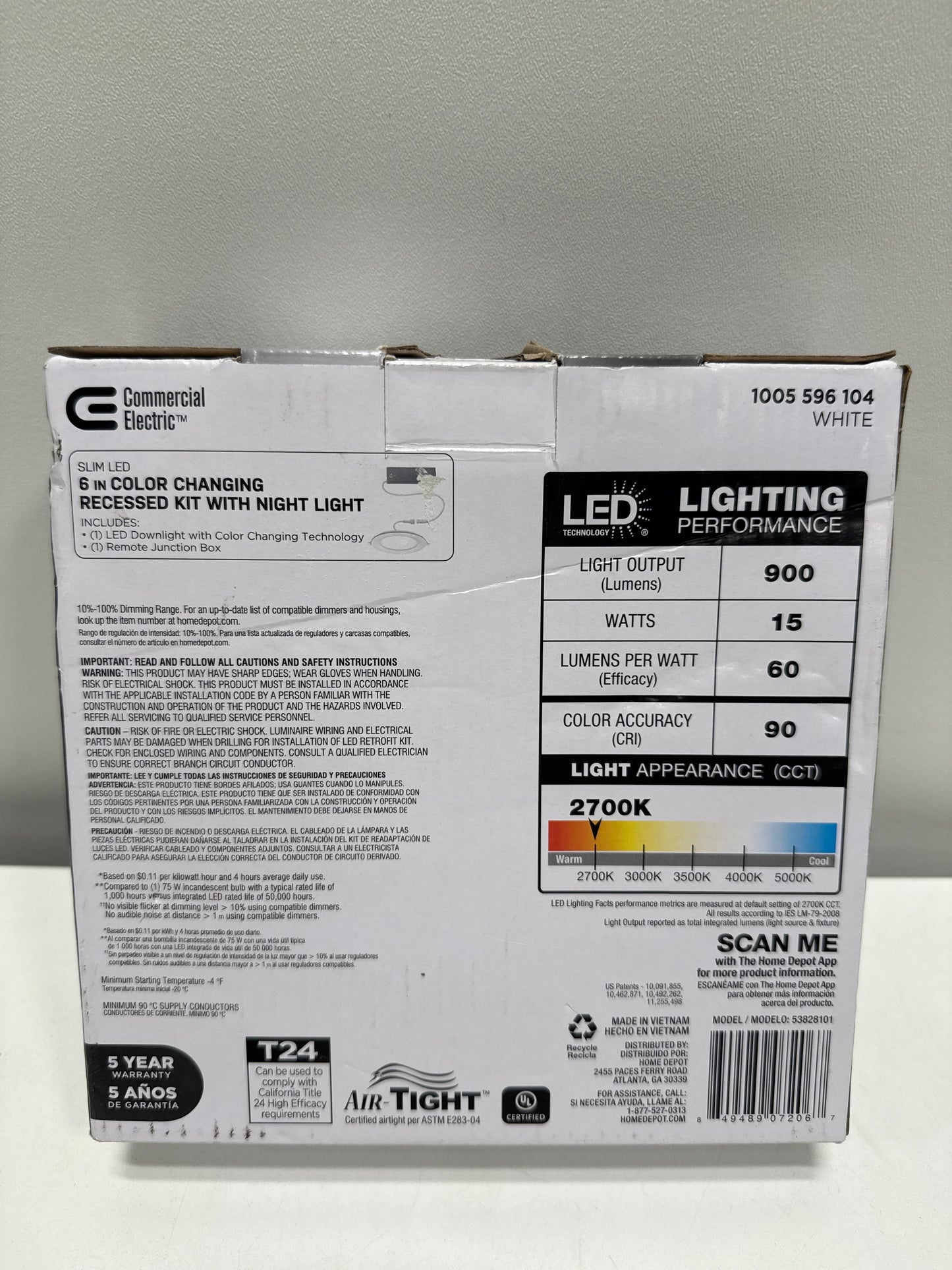 Commercial Electric 6 in. Canless Adjustable CCT Integrated LED Recessed Light Trim with Night Light 900 Lumens New Construction Remodel 53828101
