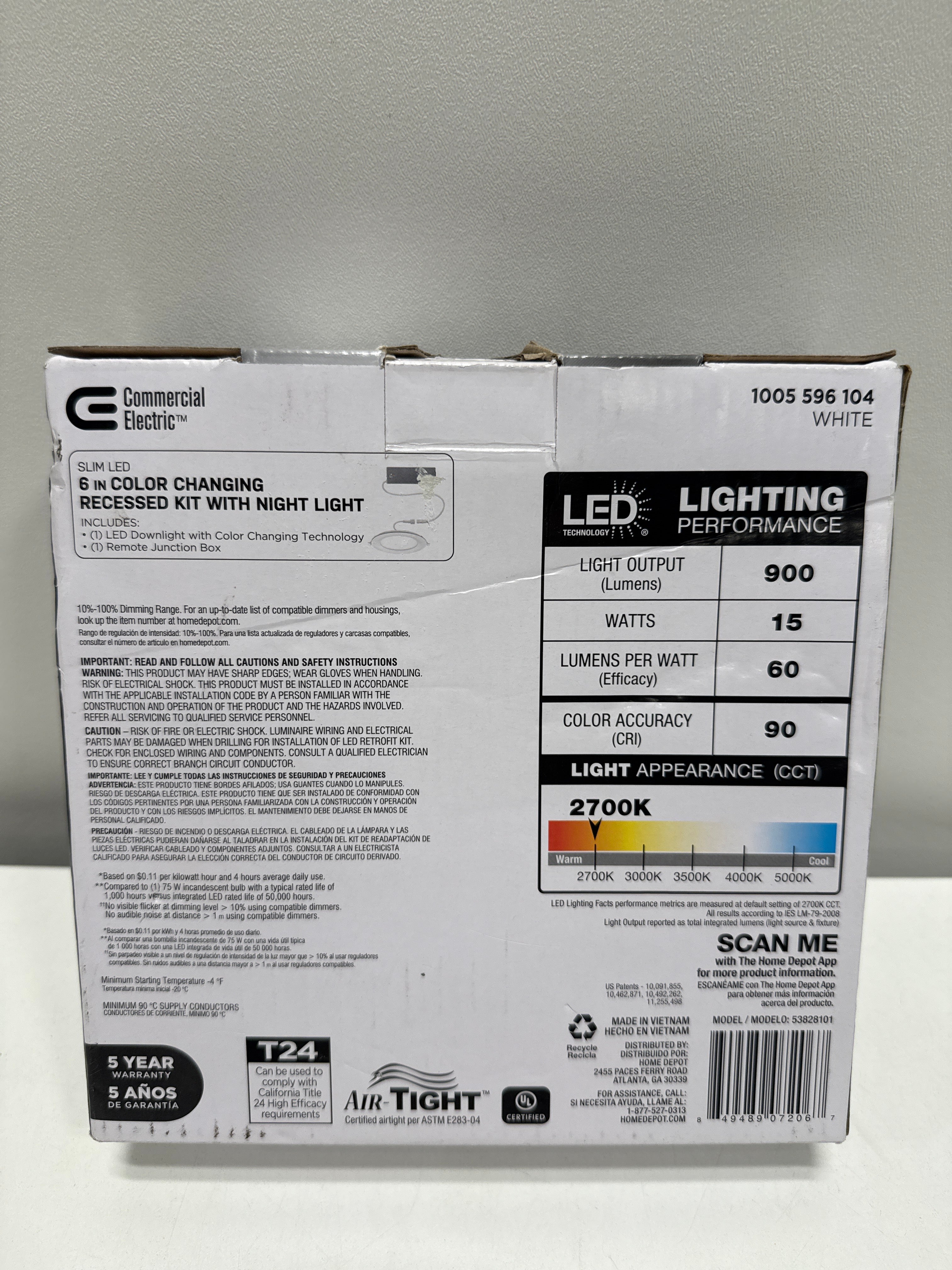 Commercial Electric 6 in. Canless Adjustable CCT Integrated LED Recessed Light Trim with Night Light 900 Lumens New Construction Remodel 53828101