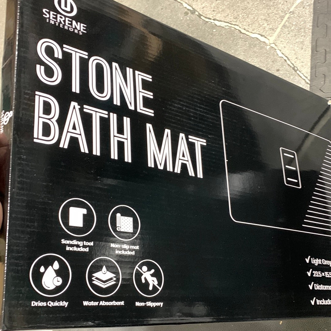 Diatomite Stone Bath Mat by Serene Interiors, Stone Dish Drying Mat, Premium Stone Shower Mat, Stone Bath Mat Large 23.5”x15.5”, Absorbent Stone Bathroom Mat with Soap Dish and Nonslip Pad, Light Grey