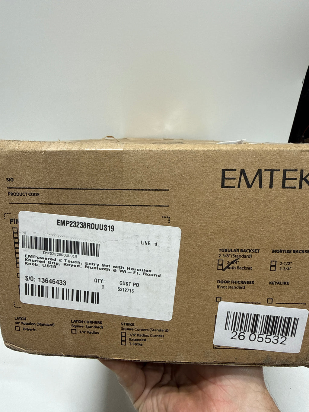 Emtek EMP23238ROUUS19 Empowered 2 Touch Keyed Entry Set with Hercules Knurled Grip Handleset and Round Knob with 2-3/8" and 2-3/4" Backset with Bluetooth and Wifi for 1-3/4" to 2" Door Flat Black Finish