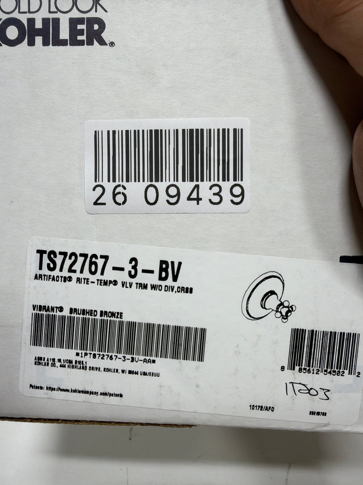 Kohler TS72767-3-BV Artifacts Rite-Temp Valve Trim with Cross Handle
