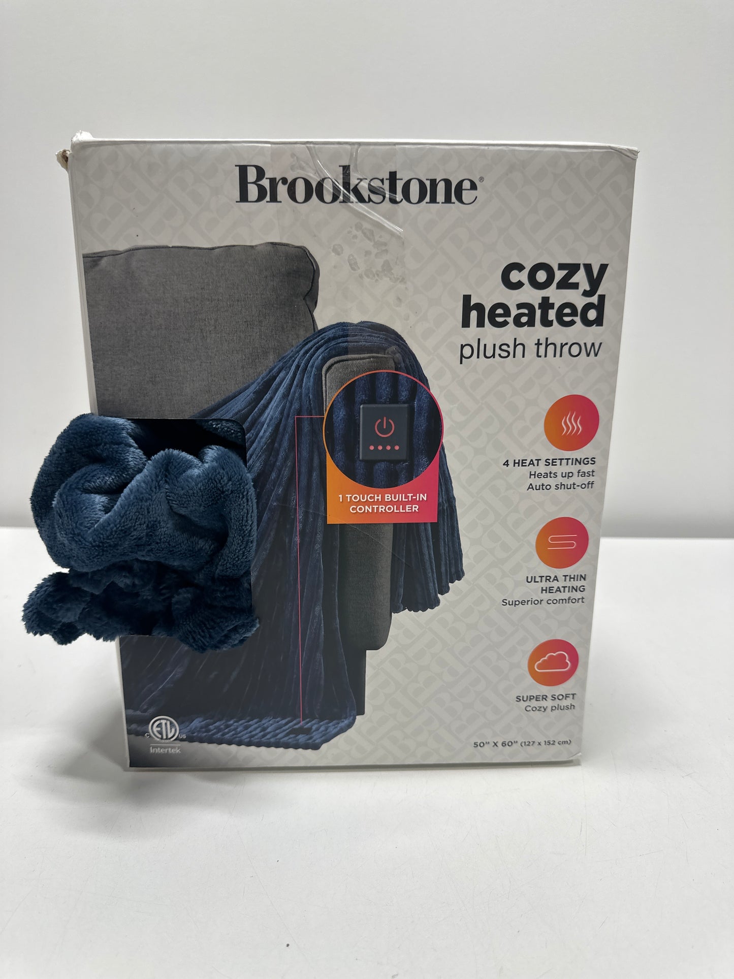 Brookstone Heated Solid Ribbed Plush Throw Navy