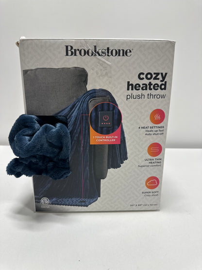 Brookstone Heated Solid Ribbed Plush Throw Navy