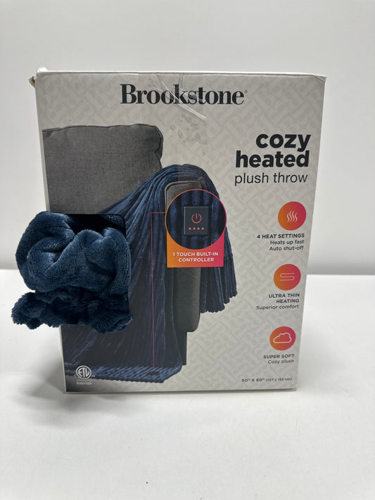 Brookstone Heated Solid Ribbed Plush Throw Navy
