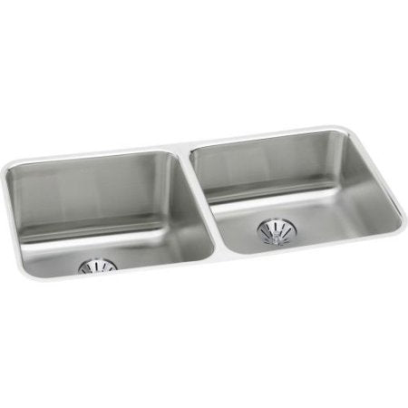 Elkay Lustertone ELUH311810RPD Equal Double Bowl Undermount Stainless Steel Sink with Perfect Drain