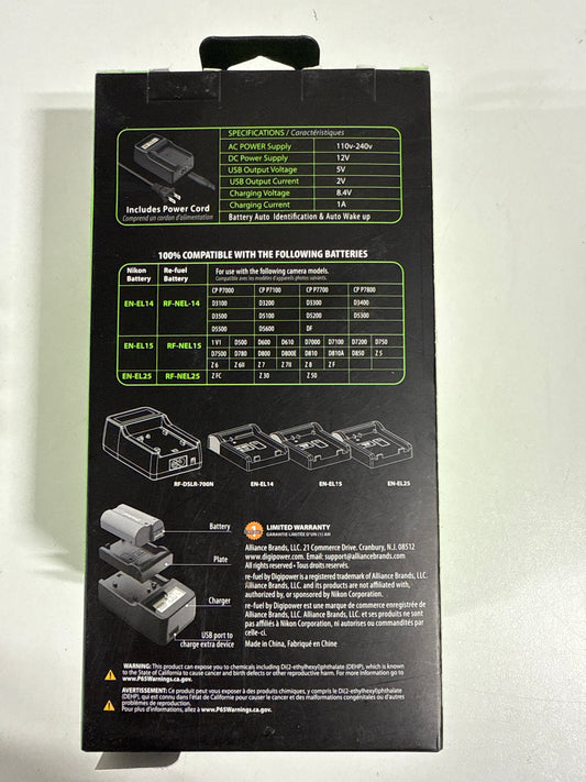 2 Digipower - DSLR/Mirrorless Camera Travel Charger with LCD Battery Level Indicator for Nikon Batteries EL14/15/25 - Black