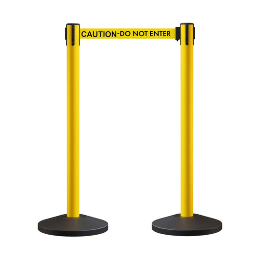 Crowd Control Warehouse CCW Series RBB-100 - Set of 2 Stanchion Retractable Belt Barriers - 11 Foot Caution Do Not Enter Belt, Yellow Post