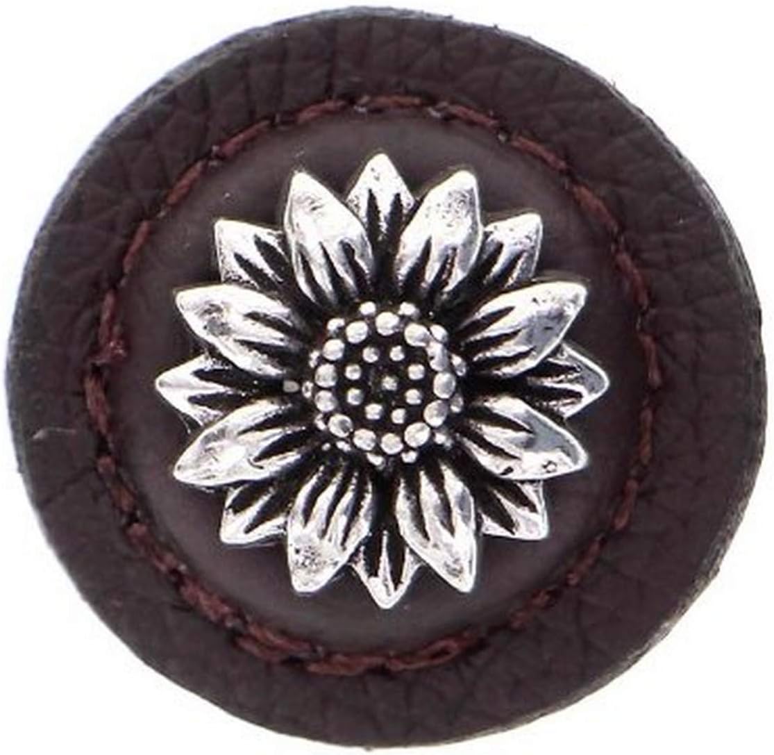 Vicenza Designs K1274 Carlotta Daisy Round Leather Knob, Large, Brown, Vintage Pewter