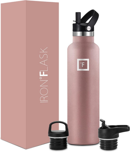 IRON °FLASK Sports Water Bottle - 3 Lids (Narrow Spout Lid) Leak Proof Vacuum Insulated Stainless Steel - Hot & Cold Double Walled Insulated Thermos, Durable Metal Canteen - Rose Gold, 32 Oz