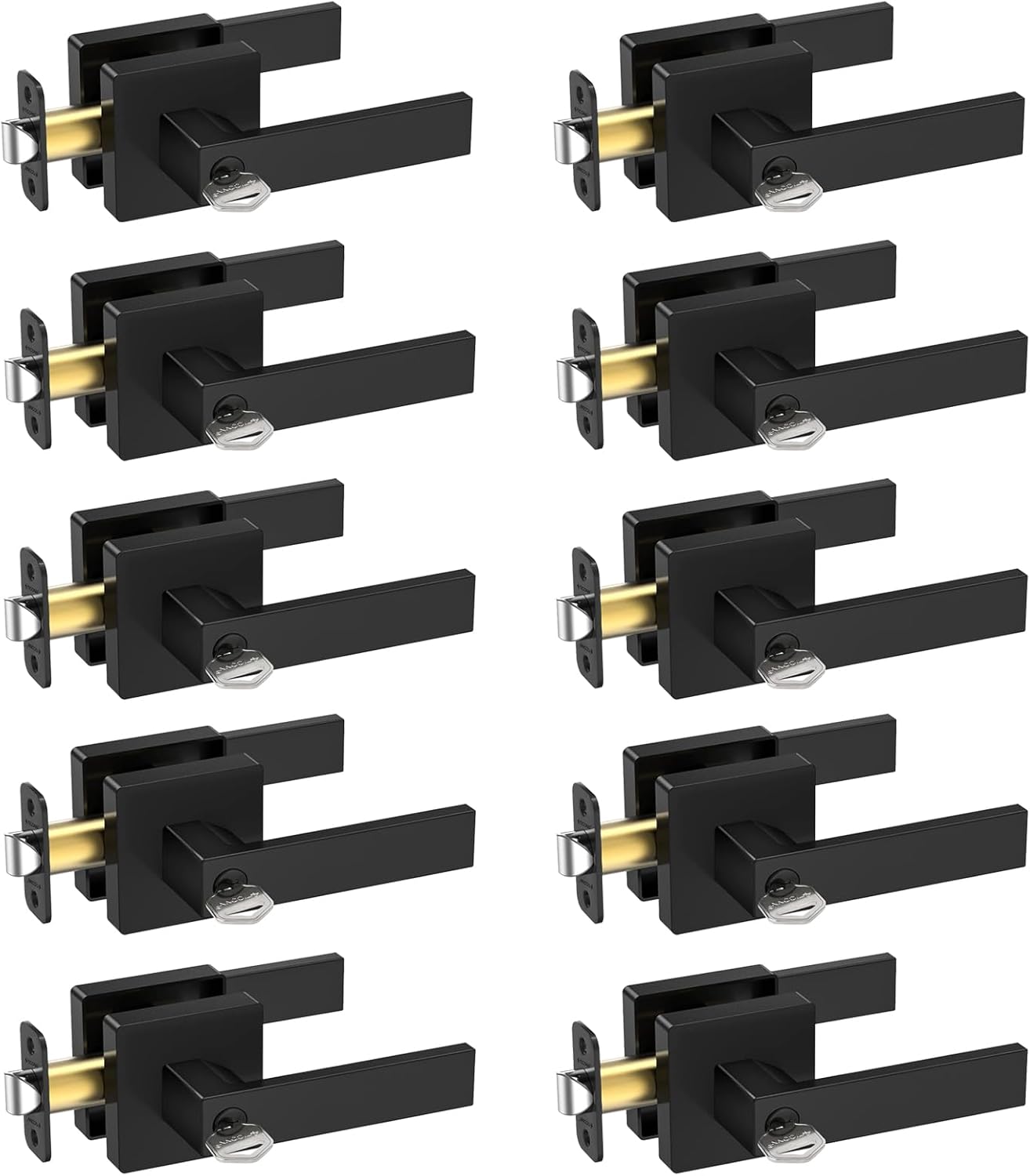 TICONN Black Door Handle Heavy Duty, Matte Black Reversible Square Door Lever for Bedroom, Bathroom and Rooms (Keyed Entry - Keyed Alike, 10 Pack, Black)