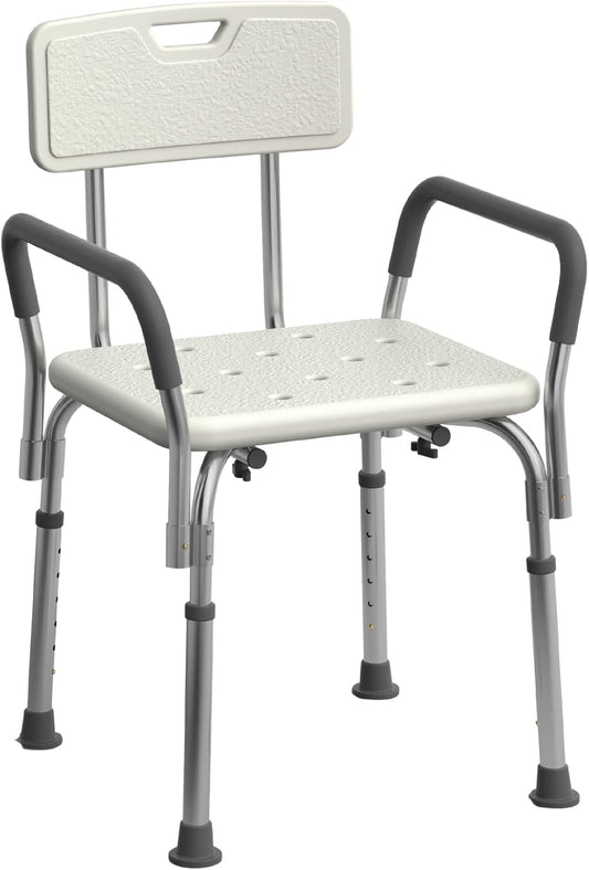 Medline Shower Chair for Inside Shower, Heavy Duty, 350 lb Capacity, Adjustable Height, Non-Slip Seat with Padded Armrests & Back, White