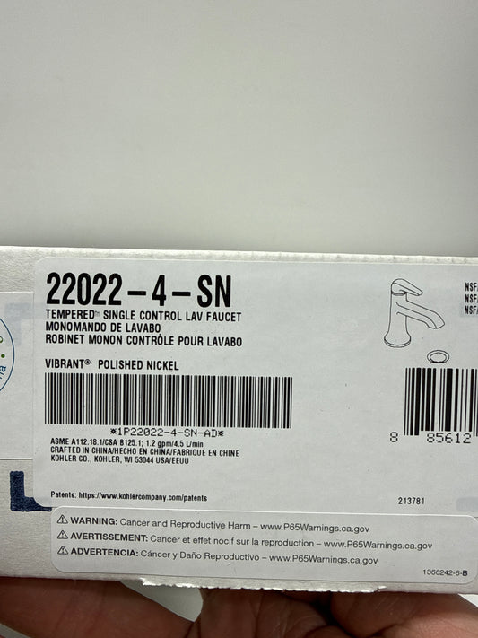 Kohler K-22022-4 Tempered 1.2 GPM Single Hole Bathroom Faucet with Pop-up Drain Assembly Vibrant Polished Nickel