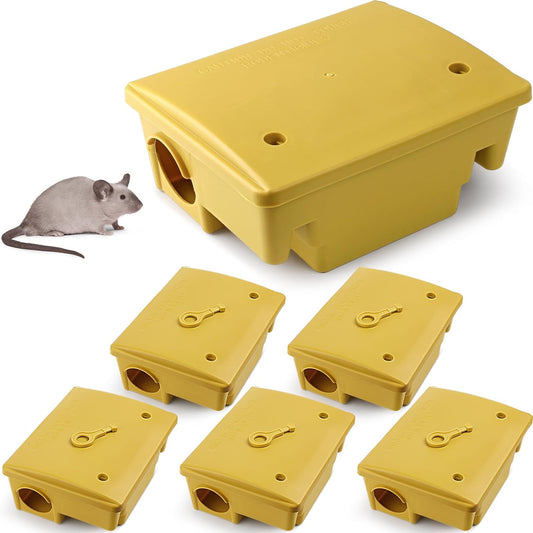 6 Pack Yellow Rat Bait Stations with Key Mouse Bait Stations Rodent Bait Station Indoor 9.8 x 7.4 x 3.9 Inch Reusable Humane Rodent Box Against Mice for Kitchen Living Room