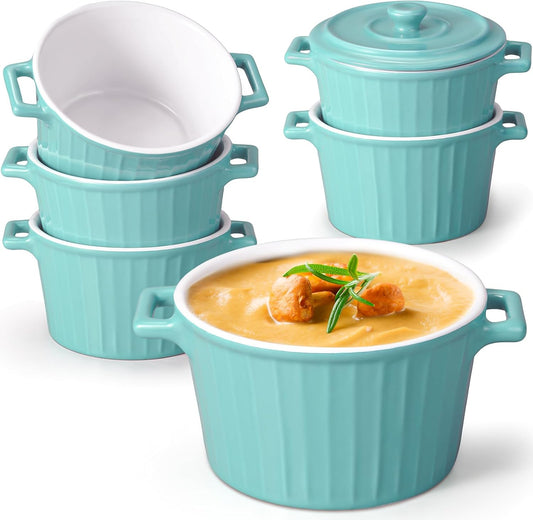 6 Pcs 10oz French Onion Soup Bowls with Lids, Double Ear Vertical Stripe Colored Soup Bowls, Suitable for Souffle French Onion Soup Cake Ice Cream, Refrigerated and Microwaveable (Steel Blue)