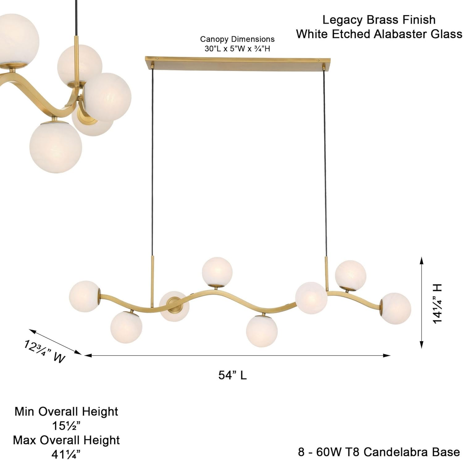 Minka Lavery 3747-732 Curven 8 Light 54’’ Long Abstract Linear Chandelier - Legacy Brass with Etched Alabaster Glass