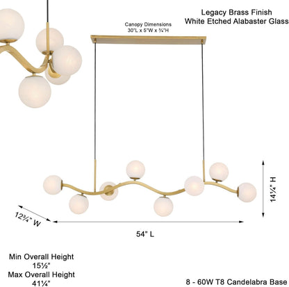 Minka Lavery 3747-732 Curven 8 Light 54’’ Long Abstract Linear Chandelier - Legacy Brass with Etched Alabaster Glass